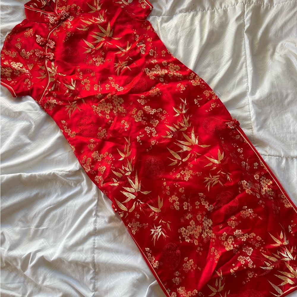 Others Follow Red and Gold Floral Midi silk Dress
